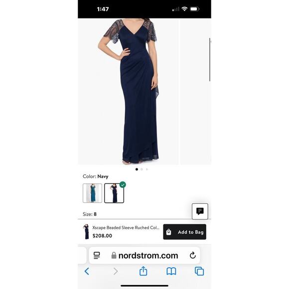 Xscape Beaded Sheer Flutter Sleeve Cascading Draped Waist Gown Navy Size 16 NWT - Picture 4 of 12